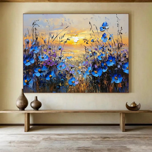 “Blue Flowers at Sunset Landscape” - Blue, Purple, Yellow, Floral Sunset Scene Painting On Canvas HB0846