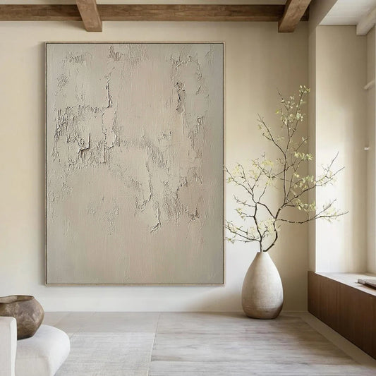 Contemporary hand-painted abstract artwork featuring a textured beige wall with intricate white patterns, capturing the beauty of weathered cement in muted tones. DLZ1115
