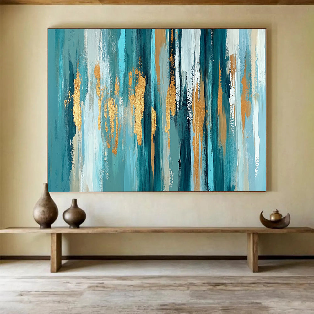 “Teal Gold Vertical Streaks” - Teal, gold, white, beige; Vertical abstract streaks with gold accents HB1289
