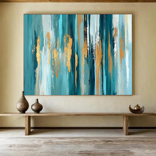 “Teal Gold Vertical Streaks” - Teal, gold, white, beige; Vertical abstract streaks with gold accents HB1289