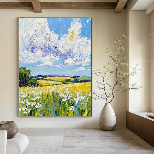 Contemporary abstract painting features vibrant fields and daisies under a blue sky, showcasing dynamic impasto brush strokes in a captivating landscape. DLZ1286