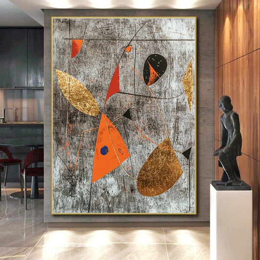Gray, Black, Gold, Red and Orange Abstract Shapes "Dynamic Balance" Painting On Canvas HB336