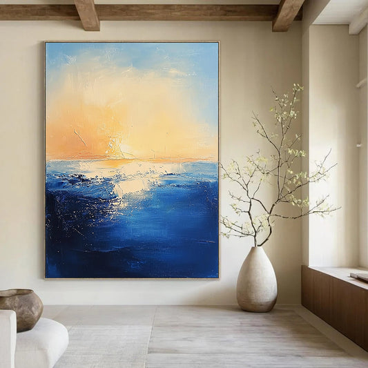 Contemporary abstract painting features textured navy ocean waves against a serene pastel sky and warm sun creating a mysterious atmosphere. DLZ0366