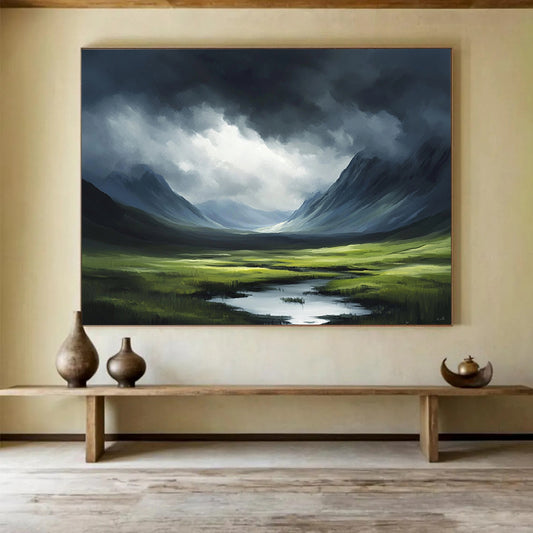 “Moody Mountain Landscape with Light” - Green, Blue, Gray, Dramatic Mountain Scene - Oil Painting HB1643