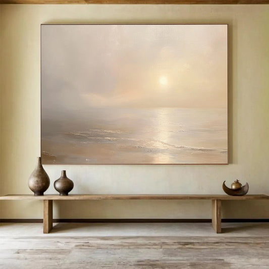 “Misty Sea at Dawn” - Pale Beiges, Whites, Subtle Yellows, Foggy Ocean at Sunrise - Oil Painting HB1607