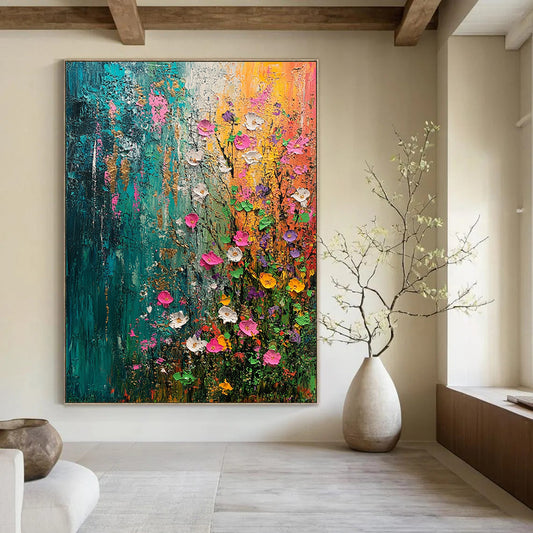 Contemporary abstract painting capturing spring's essence with vibrant flowers and trees in green blue pink and yellow accented by gold and silver textures. DLZ0644