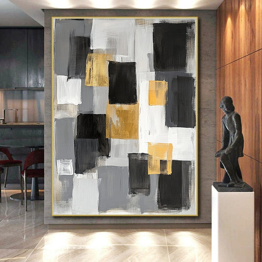 Gray, Black, Gold and White Abstract Blocks "Elegant Blocks" Painting On Canvas HB346