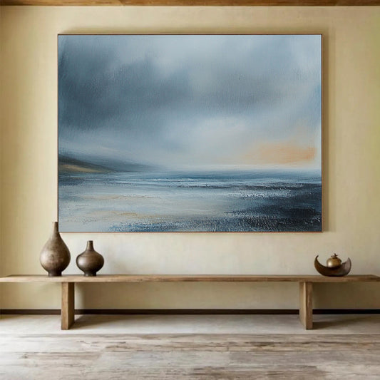 “Misty Coastal Landscape” - Gray, Blue, Subtle Orange, Atmospheric Seascape Painting On Canvas HB1008