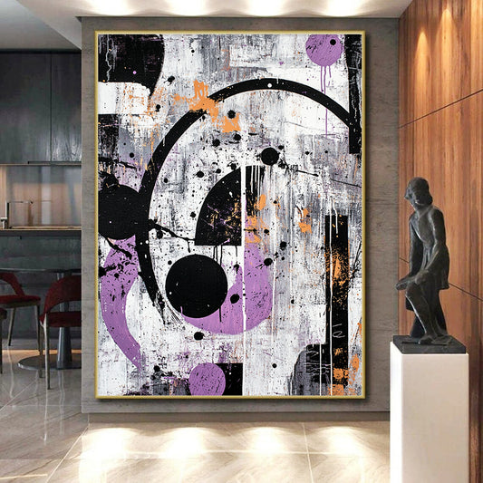 Gray, Purple, Orange, Black, Circular Chaos "Industrial Cosmos" Abstract Expressionist Painting On Canvas HB088