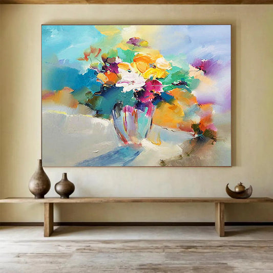 Colorful Flower Vase Oil Painting - Vibrant Living Room or Dining Room Art DLZ191