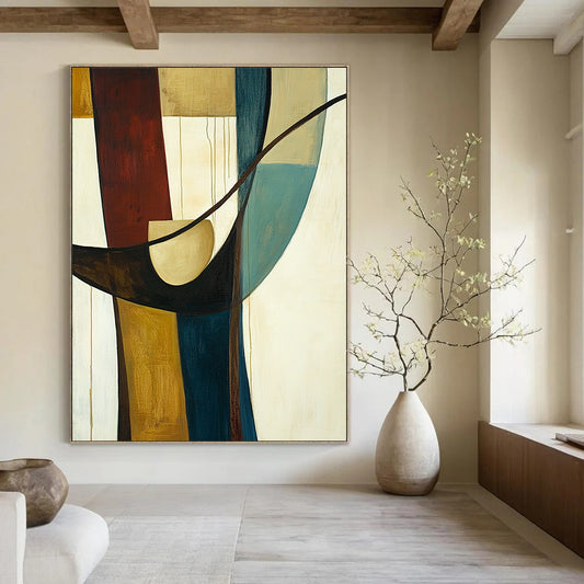 Large contemporary hand-painted abstract art featuring vertical lines, a circular shape, and curved elements in earthy tones of brown and blue-green. DLZ1395
