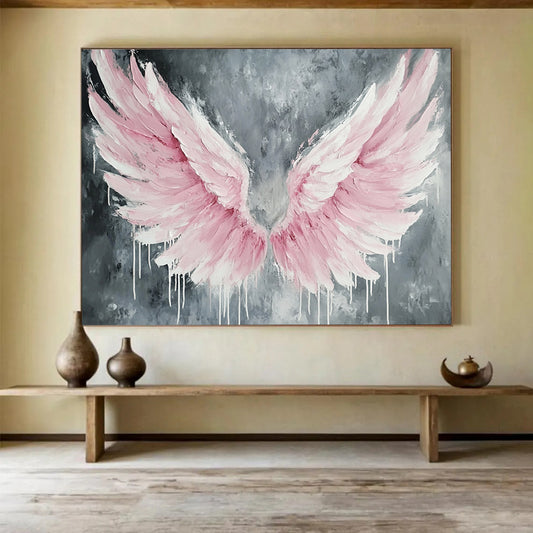 “Pink Winged Dreams” - Soft pinks, whites, grays; Textured angel wings, dripping paint; Contemporary Abstract Painting On Canvas HB1162