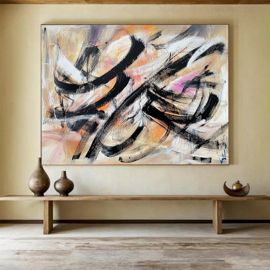“Colorful Abstract Swirls” - Black, White, Orange, Pink, Purple, Fluid Brushstrokes - Acrylic Painting HB1628