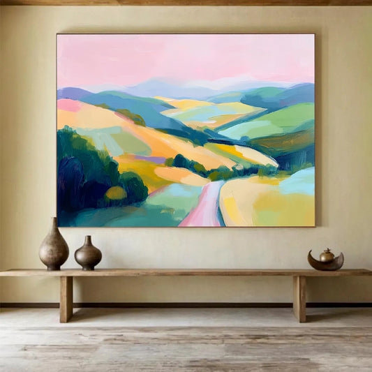 Pink, Blue, Green, Yellow and Purple Colorful Valley "Vibrant Vista" Painting On Canvas HB0673