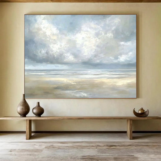 “Misty Coastal Calm” - Gray, Blue, Beige, Tranquil Seaside Clouds Painting On Canvas HB1027