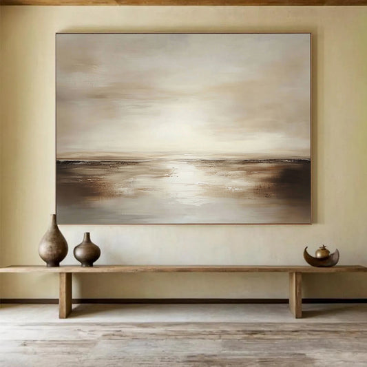 “Earthy Horizon” - Warm Browns, Soft Beiges, Vast Sky and Calm Sea Painting On Canvas HB0917