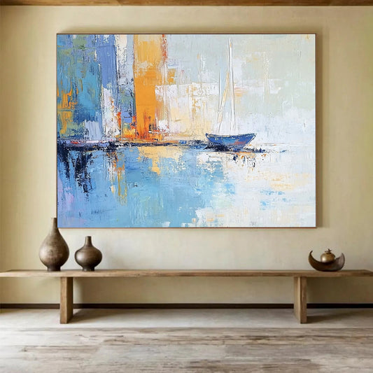 “Harbor Serenity” - Blues, oranges, yellows; Sailboat by abstract city harbor; Impasto Oil Painting On Canvas HB1176