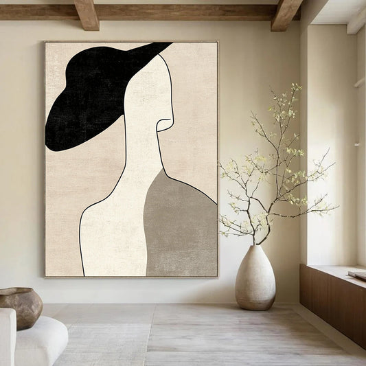 Contemporary minimalist art featuring a woman's profile with a hat in neutral tones and visible brush strokes on a beige background. DLZ1614