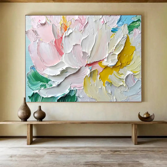 “Textured Pastel Peony” - Pastel Palette, Textured Peony Flower Painting On Canvas HB0876