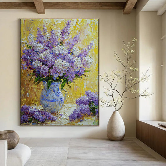 Contemporary hand-painted abstract art featuring vibrant purple and white flowers in a rich impressionist style with soft textured petals and a beautiful yellow background. DLZ1288