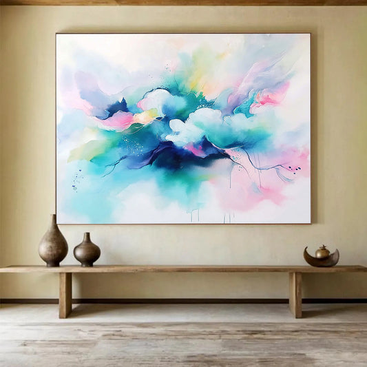 “Colorful Cloud Drift” - Blue, Pink, Green, Watercolor - like Abstract Clouds Painting On Canvas HB1046