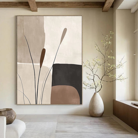 Contemporary abstract artworks feature organic forms in beige and brown tones offering a serene minimalist aesthetic with harmonious geometric patterns. DLZ0791