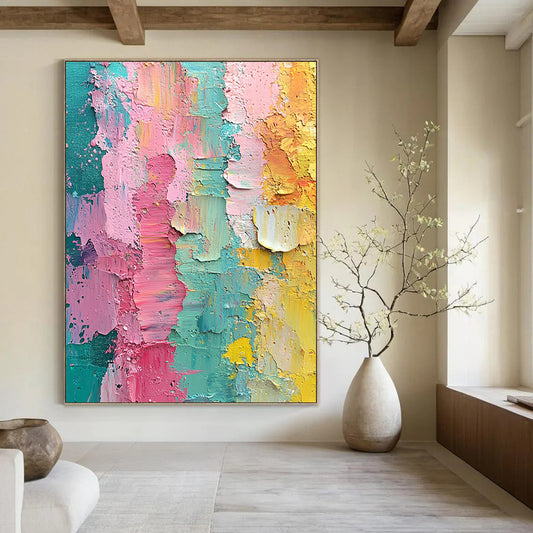 Contemporary hand-painted abstract artwork featuring vibrant pink green yellow and teal layers with textured brushstrokes and the word blessed at its center. DLZ1248