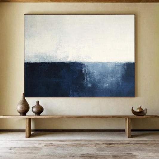 “Navy - White Abstract Horizon” - Navy, White, Subtle Horizon Painting On Canvas HB0833