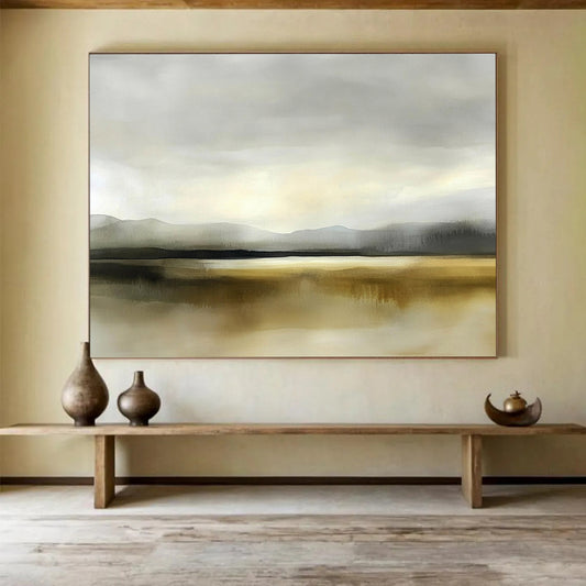 “Misty Mountain Lake” - Gray, Beige, Hazy Peaks and Reflective Water Painting On Canvas HB0927