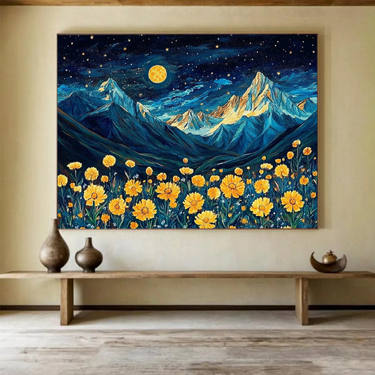 “Moonlit Mountain Flowers” - Blue, Yellow, Mountain & Floral Oil Painting On Canvas HB0718