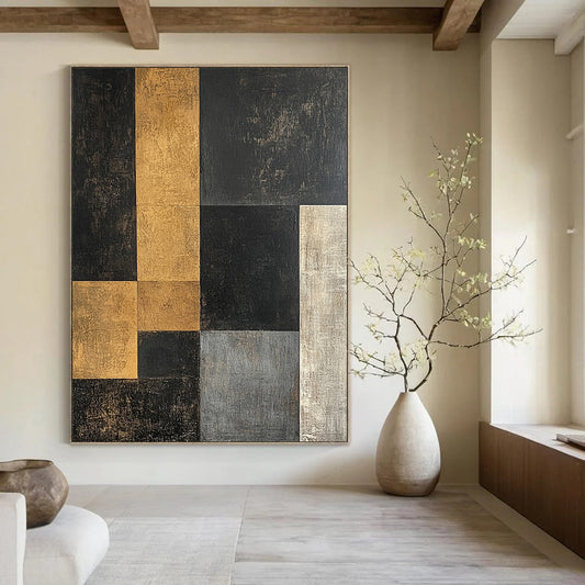 Black, Gold, Gray with Interlocking Squares "Modern Mosaic" Abstract Painting On Canvas HB003
