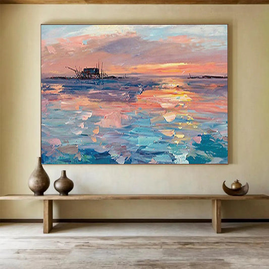 Sunset Sea Shack Oil Painting - Coastal Living Room or Office Art DLZ205