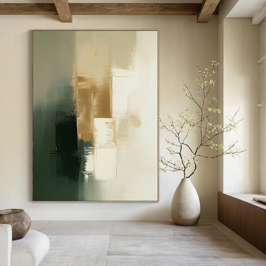 Contemporary abstract painting features soothing sage green and white tones with elegant gold accents for a tranquil atmosphere. DLZ0879
