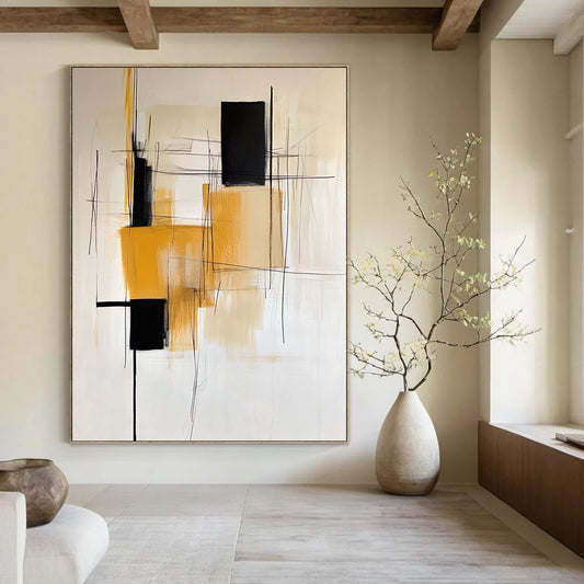 Contemporary abstract painting featuring a white background with minimalistic black yellow orange and beige lines and a single square shape on the left. DLZ1023