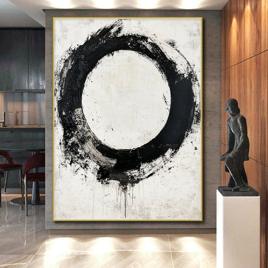 Black Circular Brushstroke with Gray Background - “Earthy Enso” Painting On Canvas HB241