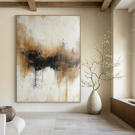 Contemporary hand-painted abstract artwork featuring neutral beige and white tones with subtle brown accents on a soft neutral background. DLZ0561