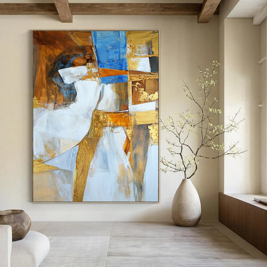 Contemporary abstract artwork featuring Apollo in white brown and blue with golden accents deconstructed in a unique artistic style. DLZ1001