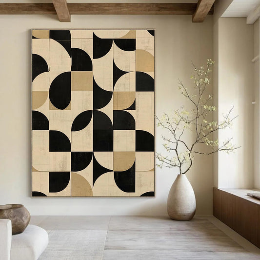 Contemporary abstract art featuring geometric patterns in neutral tones with black and white circular shapes perfect for modern interiors. DLZ1574