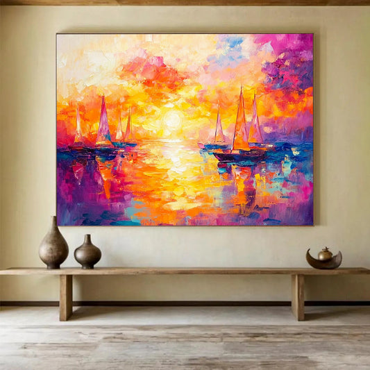 “Sailboats in Fiery Sunset” - Orange, Pink, Purple, Sailboats on Water, Impressionist - style Painting On Canvas HB1098