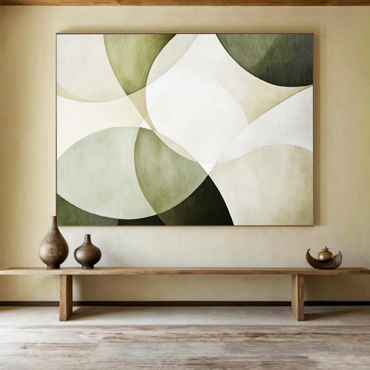 “Green - Beige Overlapping Circles” - Green, Beige, White with Circular Layers - Abstract Acrylic HB1361