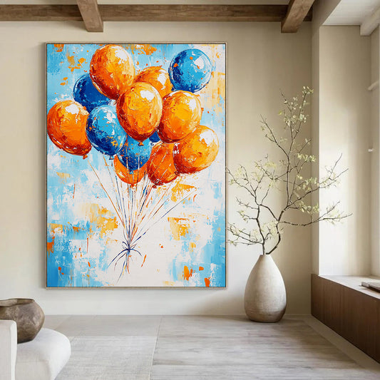 Contemporary abstract painting featuring vibrant orange and blue balloons floating against a bright sky evoking a joyful celebration in dynamic brush strokes. DLZ1411