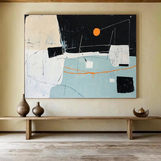 “Abstract Night Sky with Orange Sun” - Black, Orange, White, Blue, Abstract Forms - Painting On Canvas HB1417