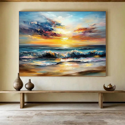 “Fiery Sky Beach” - Reds, Oranges, Blues, Dramatic Beach Sunset - Impasto Oil Painting HB1601