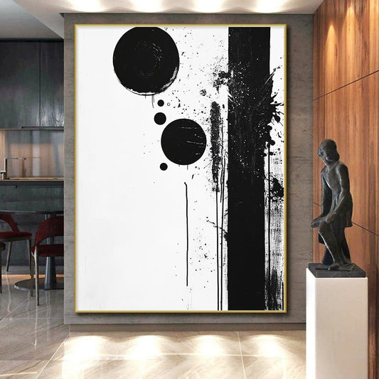 Black Circles, Dots & Splatter - “Dynamic Ink Spots” Painting On Canvas HB236