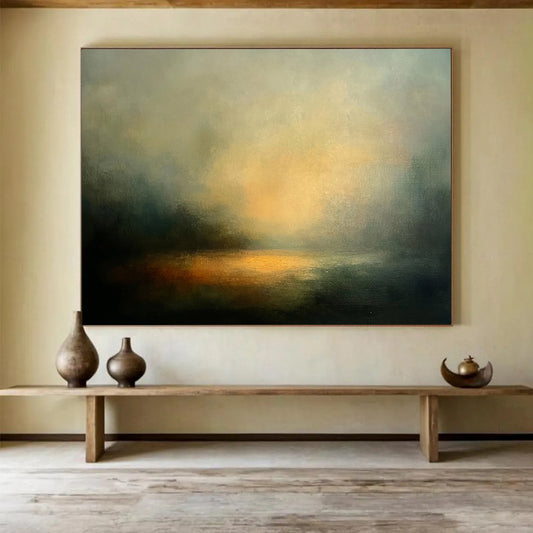“Ethereal Lake at Sunset” - Greys, Oranges, Yellows, Foggy Sunset Lake - Abstract Oil Painting HB1571