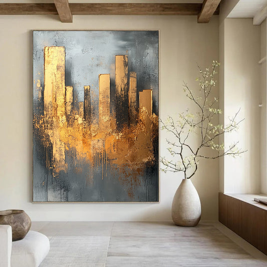 Contemporary hand-painted abstract artwork featuring neutral tones, gold accents, and textured layers creating a minimalist vintage-inspired aesthetic with dynamic brush strokes. DLZ0757