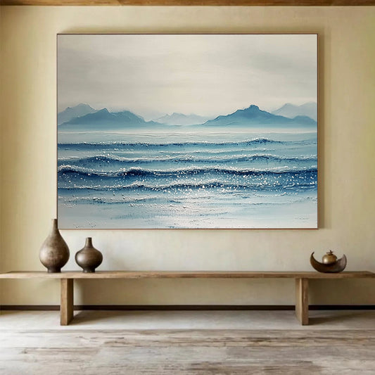 “Sparkling Sea and Distant Peaks” - Shades of Blue, White, Silver, Glittering Ocean and Mountains - Textured Oil Painting HB1612
