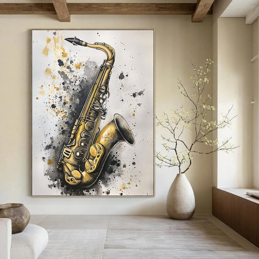 Contemporary hand-painted abstract artwork featuring an old saxophone in gold and silver hues against a soft gray background, creating striking contrast and depth. DLZ1507