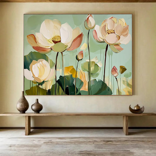 “Soft - Hued Lotus Serenity” - Pale Pink, Green, Cream, Graceful Lotus Blooms Painting On Canvas HB1018