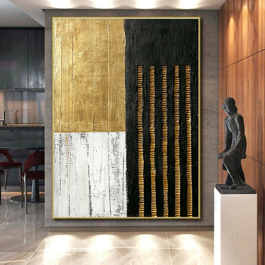 Black, White, Gold, Textured Stripes "Gilded Textured Stripes" Abstract Minimalist Painting On Canvas HB157